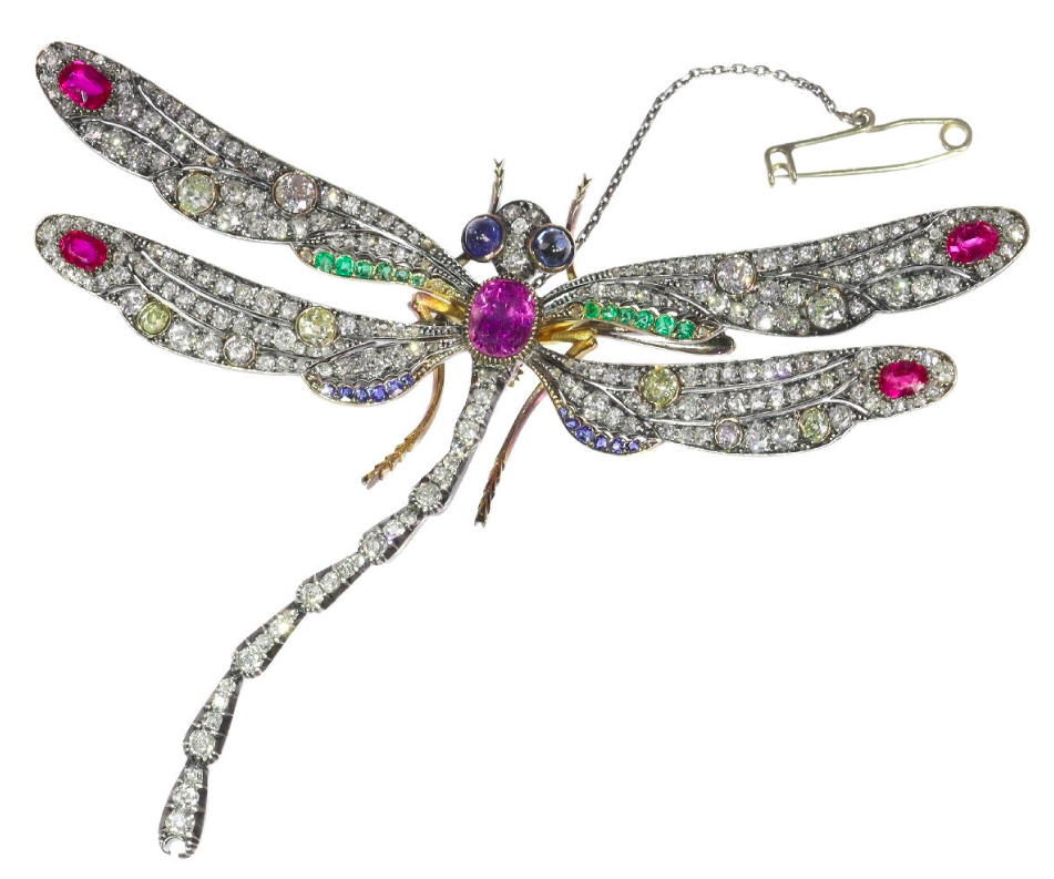 Información esencial antes de comprar joyas o bisutería; Broche de libélula Art Nouveau con diamantes, esmeraldas, zafiros y rubíes