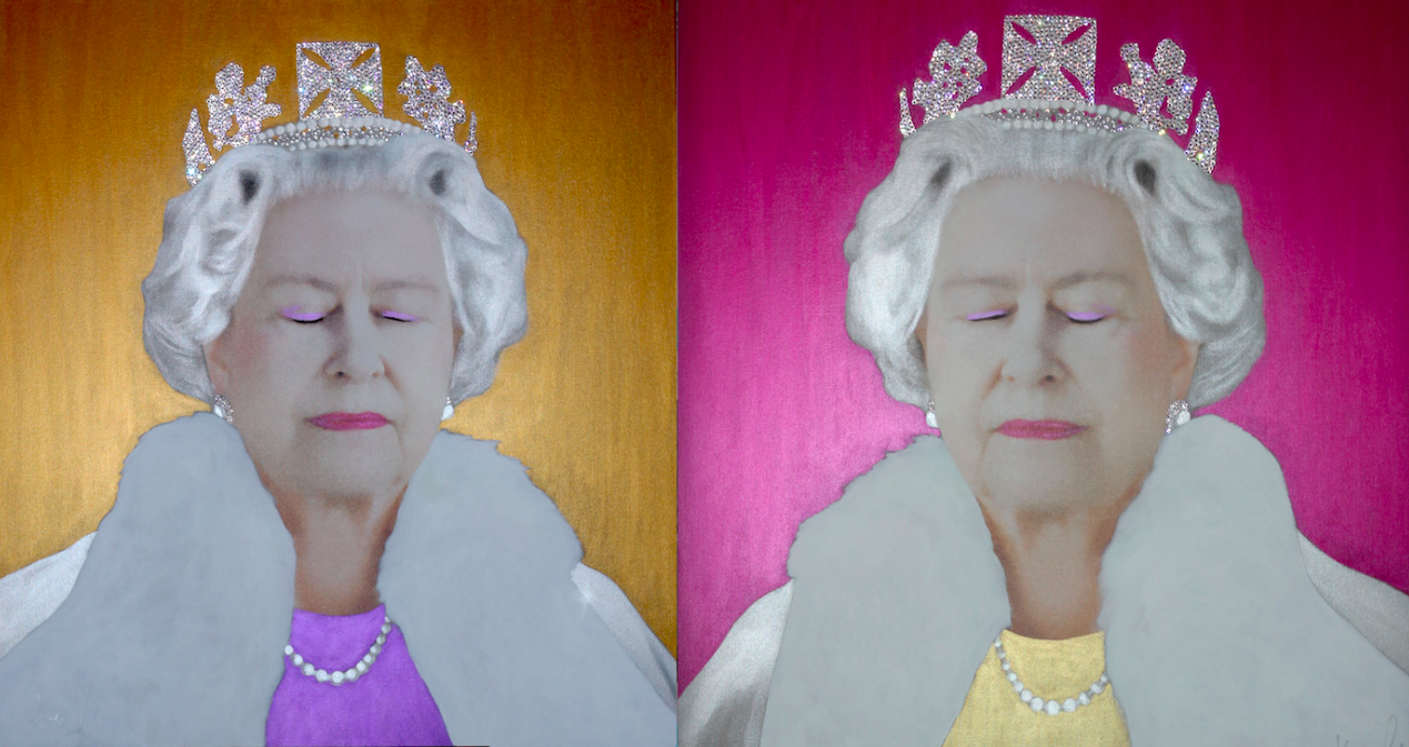 Arte pop típico del artista Hayo Sol, Queen Elizabeth Twin Edition, 2021, disponible a través de Gallerease
