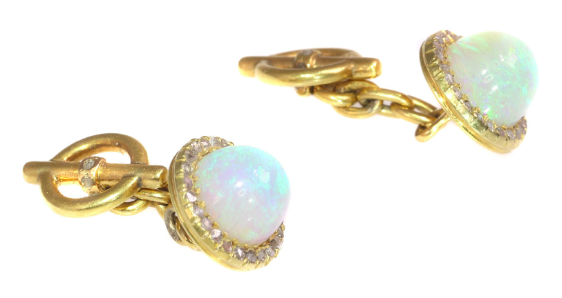 Información esencial antes de comprar joyas o bisutería; Gemelos victorianos tardíos, oro de 18 quilates, diamantes y ópalos, alrededor de 1900