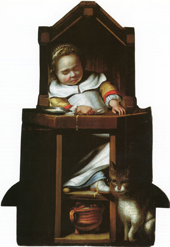 Attributed to Johannes Cornelisz. Verspronck (Haarlem, 1600-1662) -  Dummy board of a sleeping boy in his high chair ca. 1650, oil on panel.
