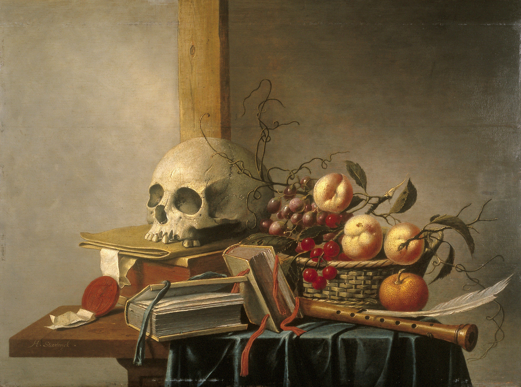Example of a typical 'vanitas still life' with various symbols by Harmen Steenwijck, ca 1628