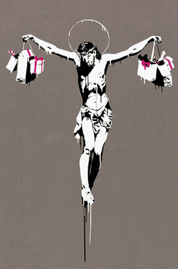Crucified Jesus Christ with shopping bags by Banksy