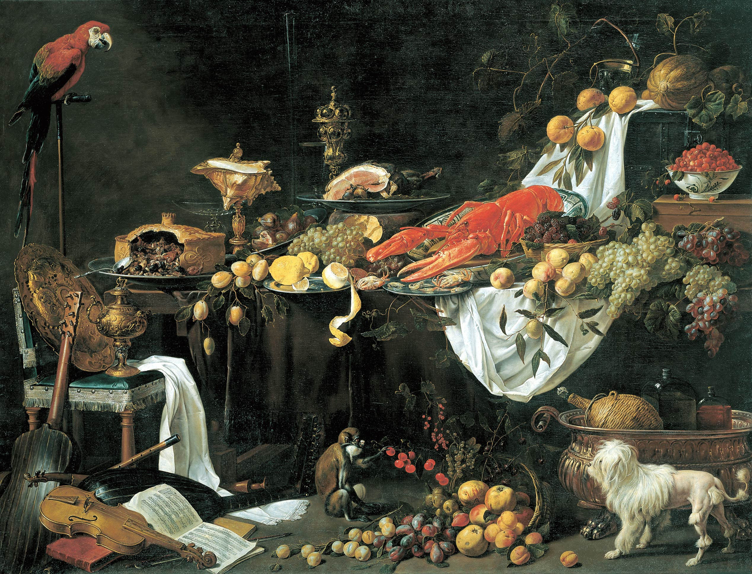 'Banquet Still Life', painted by the Flemish Adriaen van Utrecht in 1644 shows the expertise of the painter, the painting was probably intended for above the mantelpiece because of the low perspective